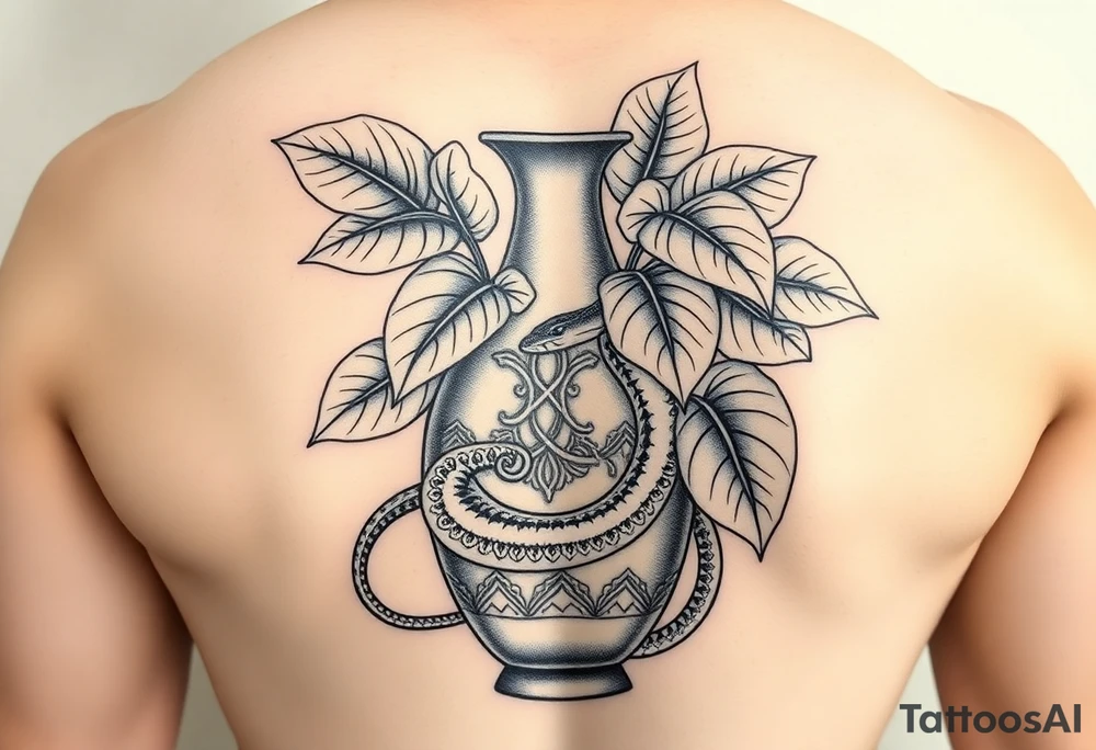 Large Decorative ornamental
 vase with large philodendron leaves with a snake wrapped around showing the head of the snake tattoo idea