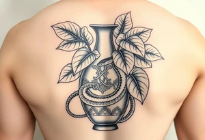 Large Decorative ornamental
 vase with large philodendron leaves with a snake wrapped around showing the head of the snake tattoo idea