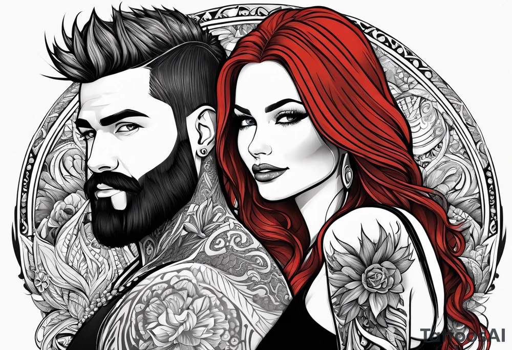 Busty red haired woman with a bearded man who has black hair tattoo idea
