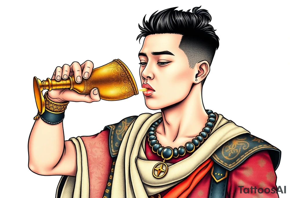 Handsome Asian young guy is drinking from medieval golden cup tattoo idea