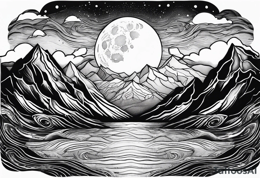 A moon that Drips at the bottom Surrounded by Mountains and waves. tattoo idea A moon that Drips at the bottom Surrounded by Mountains and waves. tattoo idea