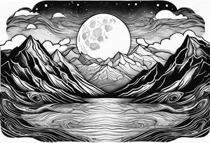 A moon that Drips at the bottom Surrounded by Mountains and waves. tattoo idea