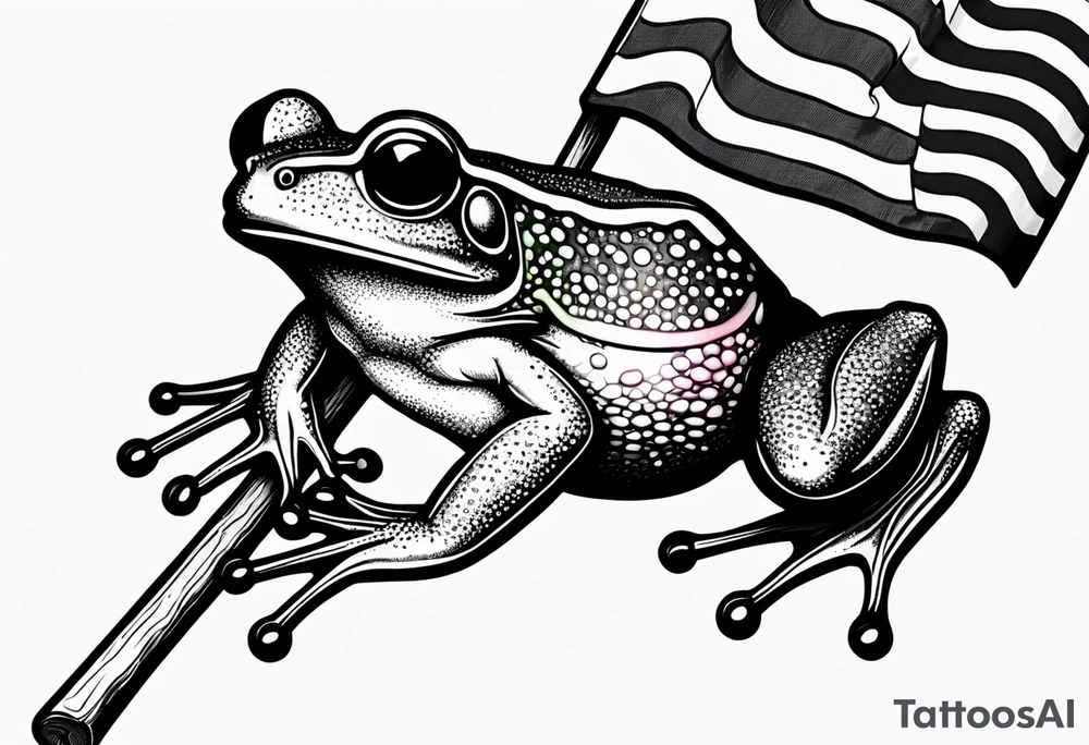 Tiny small frog holding pride flag tattoo idea