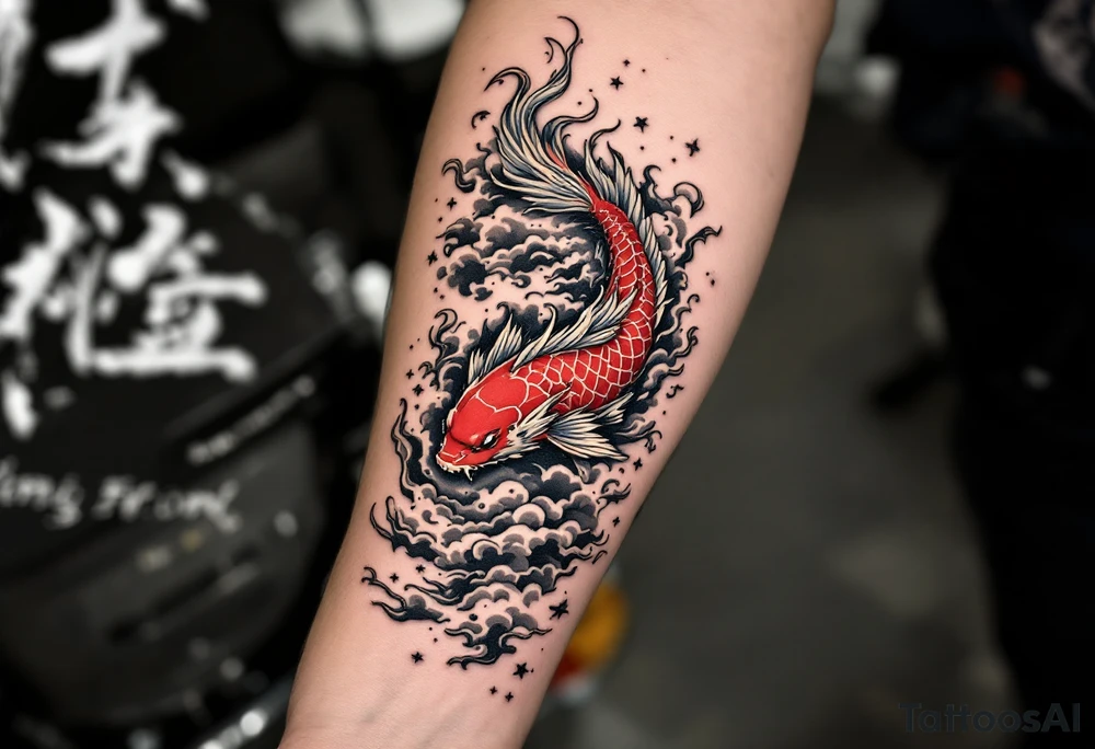 Red Koi in Dragon Shape – A stylized red koi morphing into a dragon as it ascends through swirling clouds, representing transformation and victory. tattoo idea