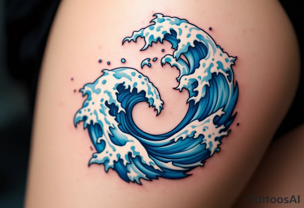 A stylized spiral composed of blue waves and white foam, capturing the movement of the ocean. tattoo idea