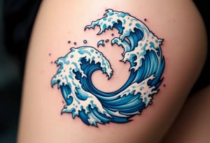 A stylized spiral composed of blue waves and white foam, capturing the movement of the ocean. tattoo idea