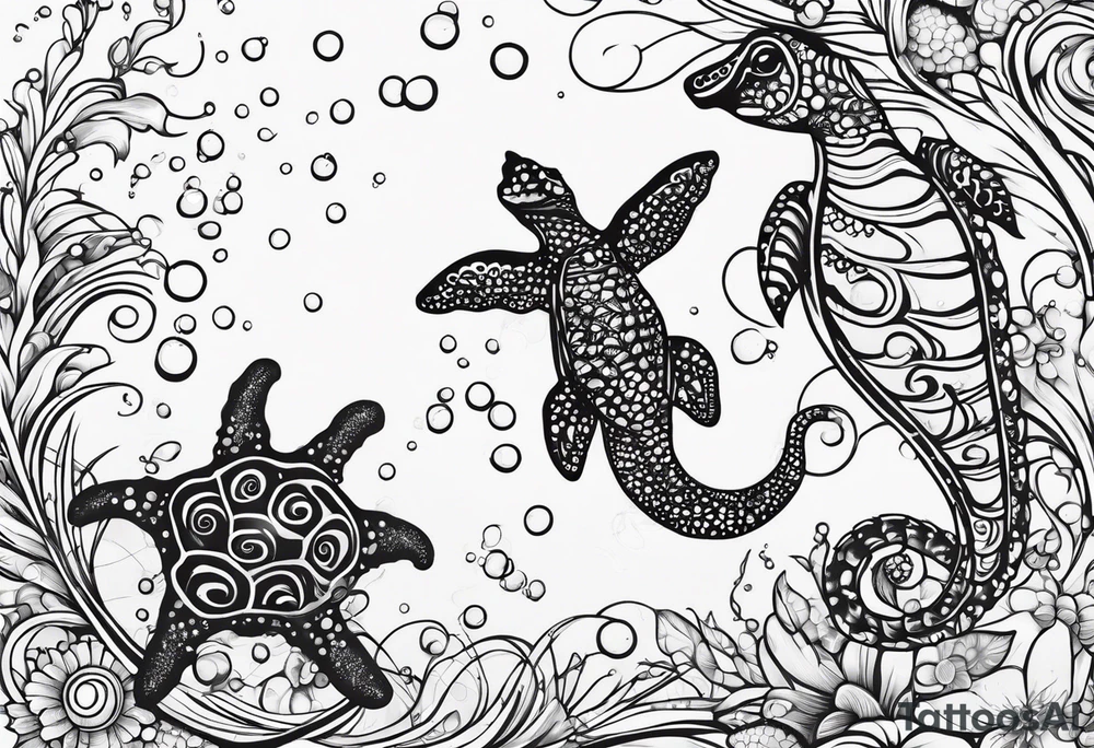 Small Starfish, Seahorse and turtle in a vertical line with bubbles tattoo idea