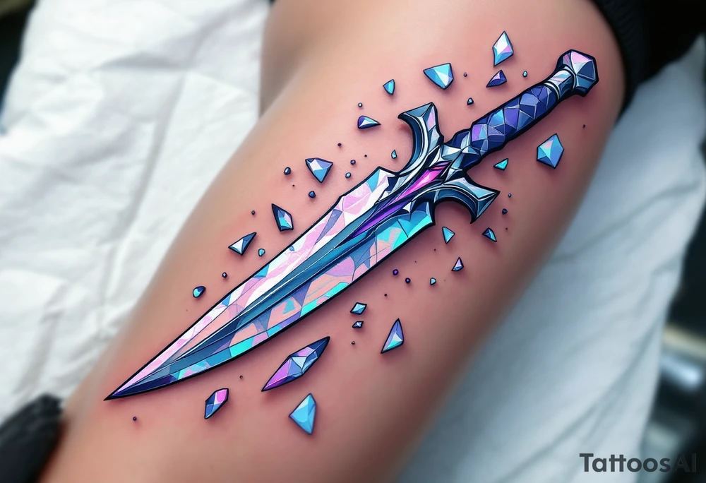Abstract Dagger and Shards – A stylized dagger with shards of broken glass or crystals scattered around it. The dagger is silver with bright white reflections, while the shards are done in frosty blues and purples. tattoo idea