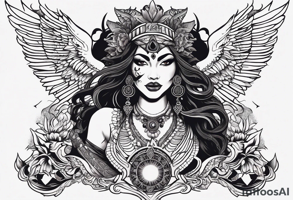 black kali, goddess pirate, alien, angel, pachamama, valkrye, warrior, flying, skull, lotus azul, wing, eagle, zenza resonance, stars, 5D, anahata chakra, death, durga, riding on a tiger, flying lady, kundalini, chest tatoo, samuri, rebel,serpent tattoo idea