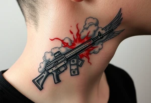 deepfull description of details with clouds,fire guns, money,angels and red for the side of neck tattoo idea