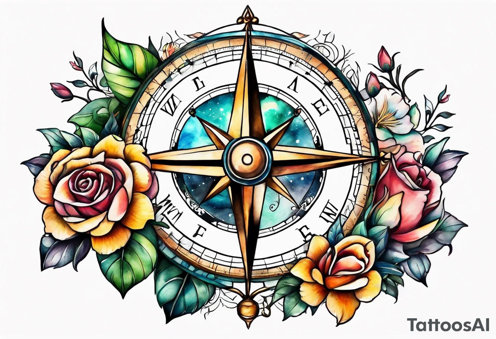 Compass with mountains and moons and flowers like roses or orchids tattoo idea