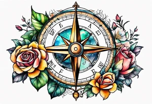 Compass with mountains and moons and flowers like roses or orchids tattoo idea