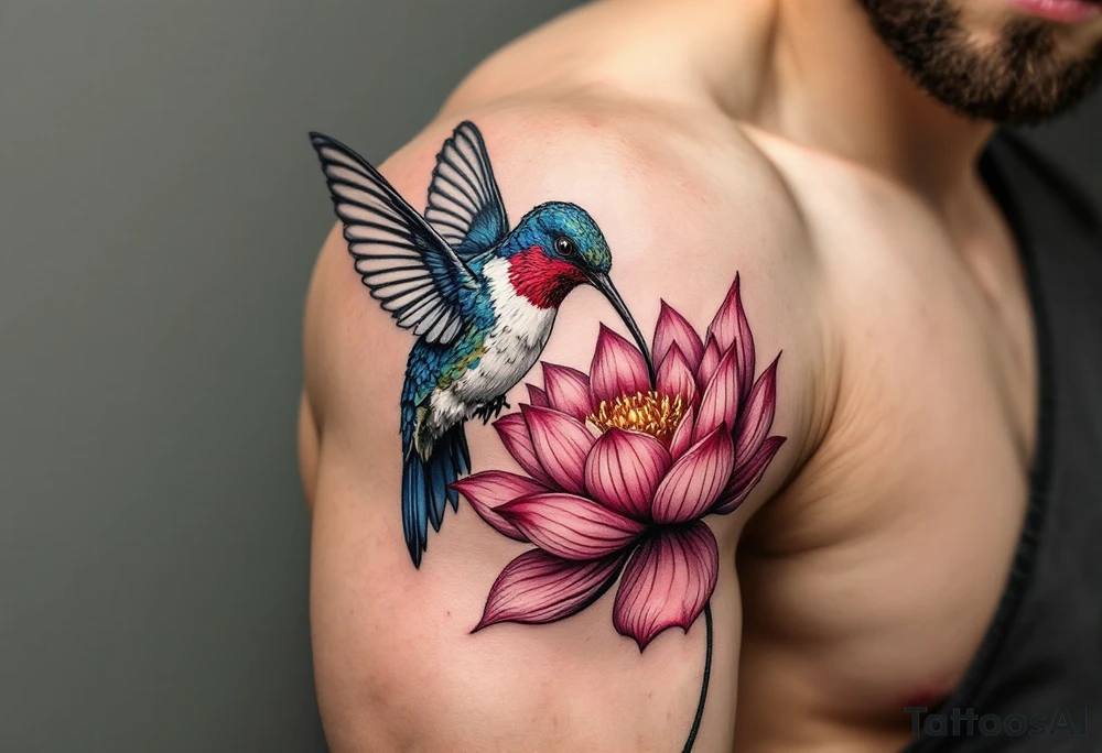 hummingbird drinking from lotus flower (Red and black colors only) tattoo idea