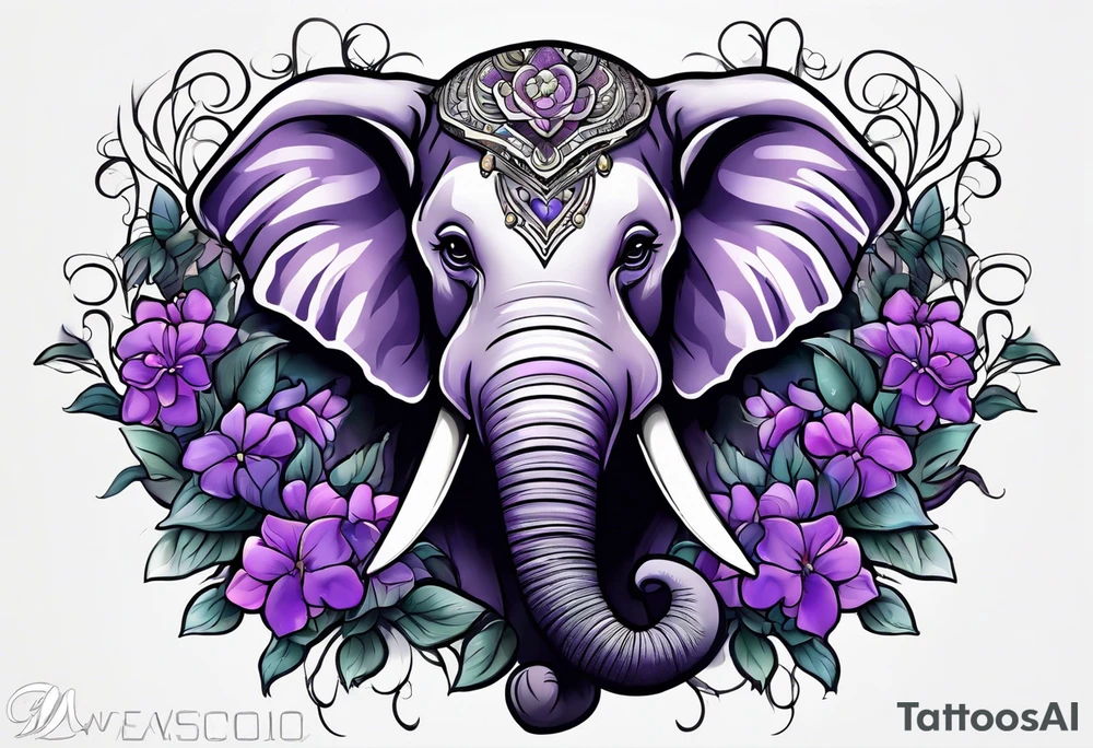 Elephant face covered in lilacs tattoo idea