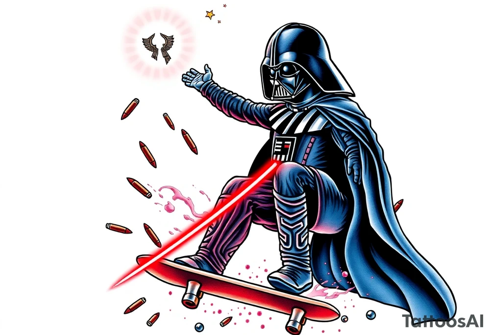 MEMORY TATTOO
Darth Vader skateboarding outdoors, bullets, heaven, star wars>blue and red 
"Darth Carter"
12/29/88-01/06/24 tattoo idea
