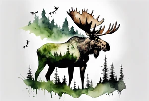 a giant moose covered in moss, shadow birds flying overhead, perched on moose tattoo idea
