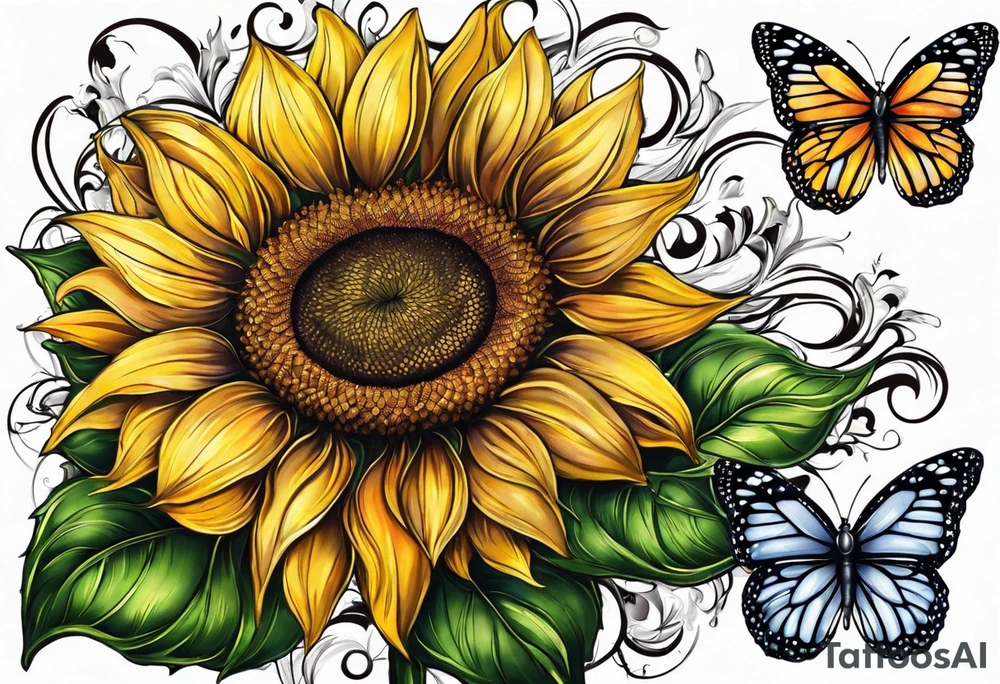 Sunflower and butterfly leg sleeve tattoo idea
