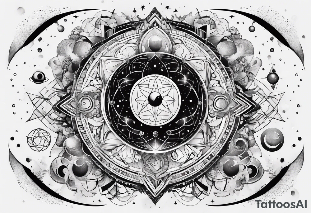 universe full of atoms and spiritual symbols tattoo idea