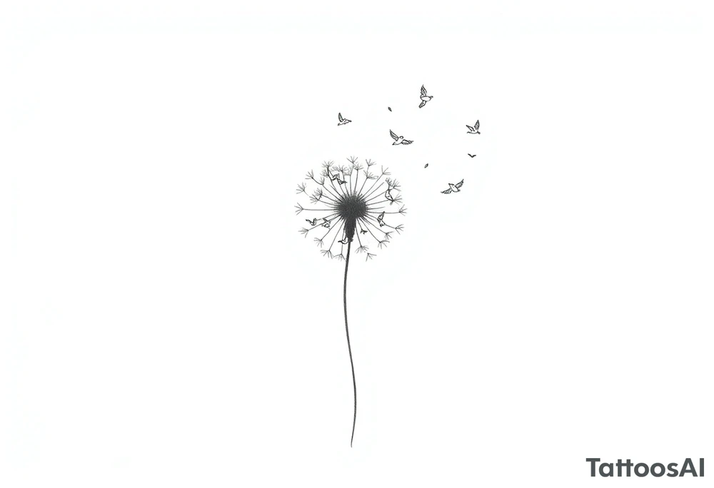 Dandelion tattoo representing motherhood, blowing in the wind giving myself to the next generation. Five birds for my children and two white birds for the children I lost. Whimsical and fine line. More artistic and soft. Still not right. Try again tattoo idea