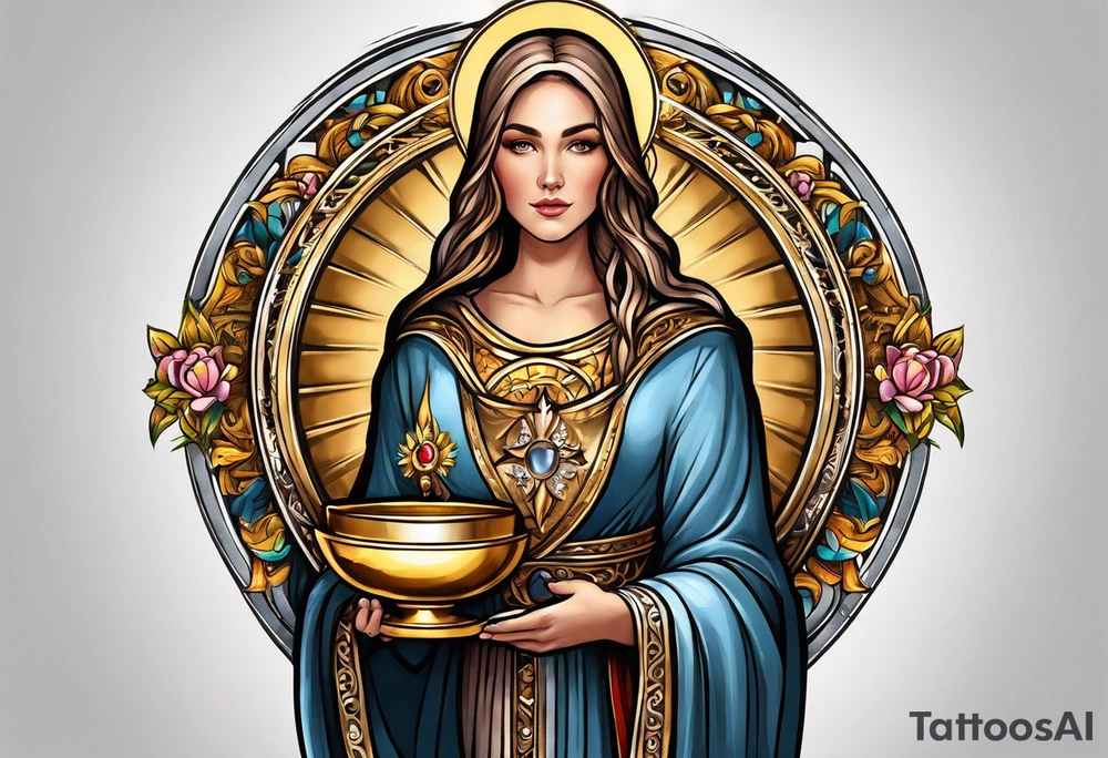 woman saint holding chalice surrounded by golden halo tattoo idea