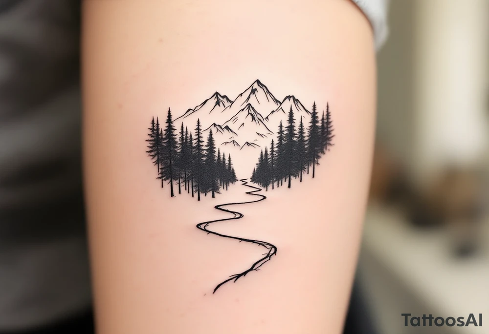 A minimalist design with a narrow path cutting through a dense forest, leading toward snow-capped mountains in the distance. The contrast between the dark woods (from Exile) and the snow-covered mountains (from Out of the Woods) shows the transition from hardship to hope. The path could be subtly winding, suggesting that the way forward is unclear, yet still leading to something more peaceful. tattoo idea