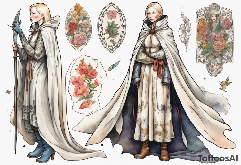 Cate Blanchette wearing white medieval cloak and boots tattoo idea
