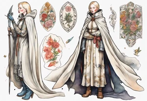 Cate Blanchette wearing white medieval cloak and boots tattoo idea