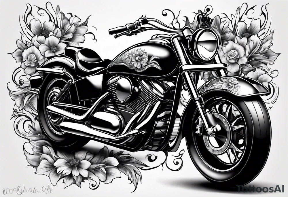 Flower and flame design to surround a current tattoo of a motorcycle tattoo idea