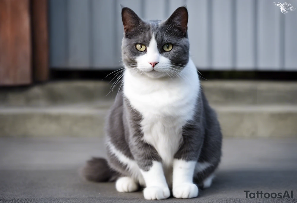 Grey and white cat. She has mostly grey body, smaller white patches on her belly, all four paws are white, but her legs are grey.  she has a tiny little white moustache. White whiskers. She is on the larger side for a cat. I want the tattoo to reflect her sweet personality. She loved sunshine and flowers. She is recently passed away and I would like a memorial tattoo of my sweet baby cat. I want a black and white simple sketch. Her face is completely grey except a tiny white moustache below her nose. tattoo idea