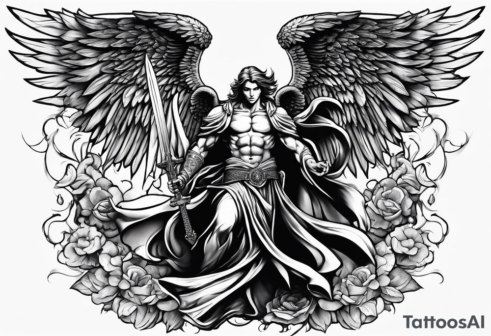 Male American guardian angel with a sword and possessed angel from hell combined together tattoo idea