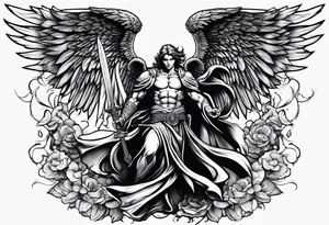 Male American guardian angel with a sword and possessed angel from hell combined together tattoo idea