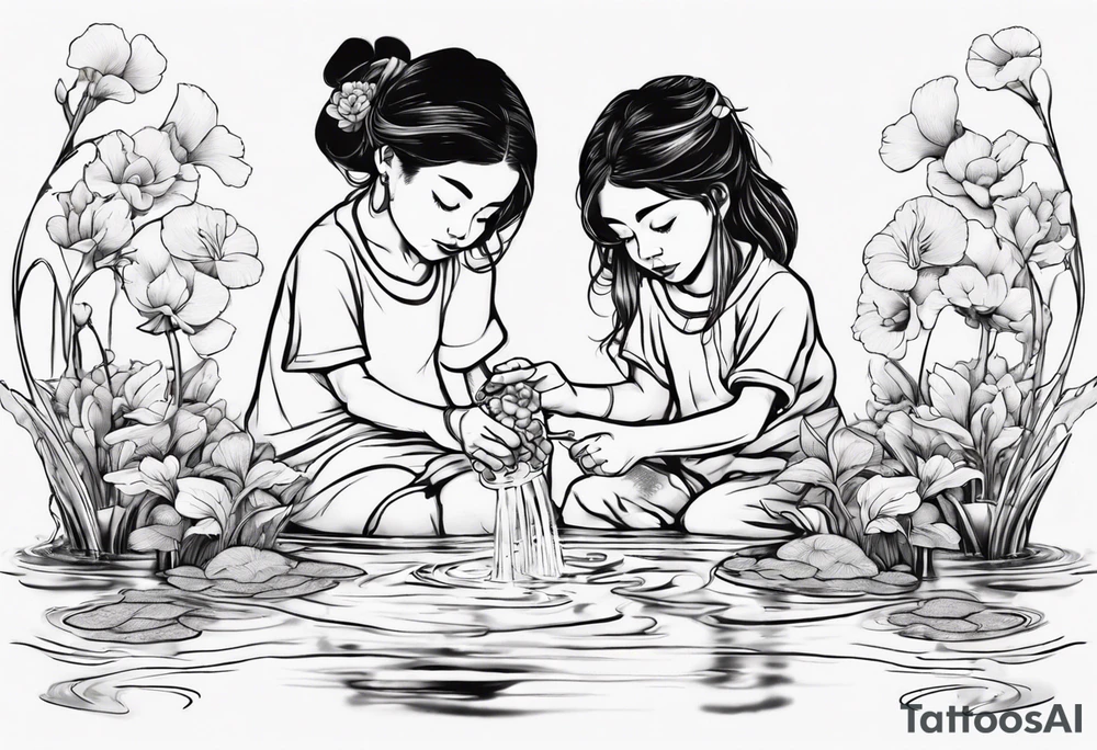 ethnic 
woman and two little boy, watering sweet pea flowers cascading down, surrounding a pond with 2 koi fish swimming tattoo idea