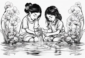 ethnic 
woman and two little boy, watering sweet pea flowers cascading down, surrounding a pond with 2 koi fish swimming tattoo idea