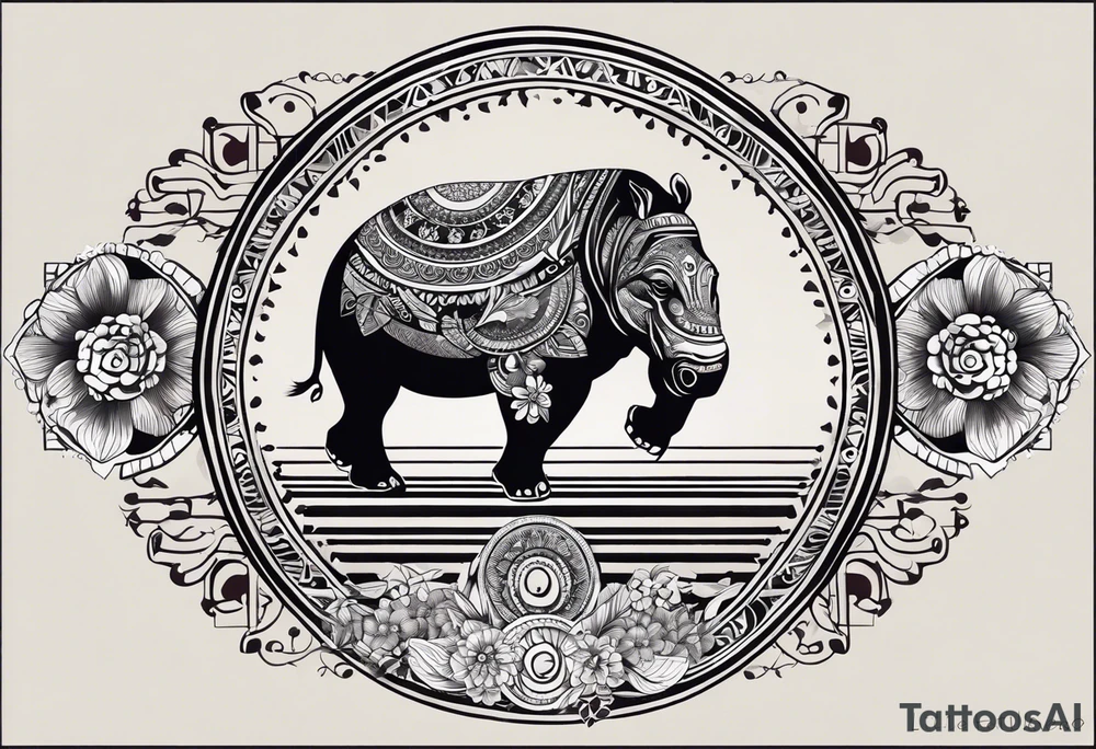A foot long 2.5inches wide portrait orientation tattoo, containing a detailed hippo headwith tribal patterns in the middle, a full moon on the upper side, and some wintersweet flowwer on the bottom side, these three components are connected with arches, lines, little geometric patterns, the lines will ne fine and narrow tattoo idea