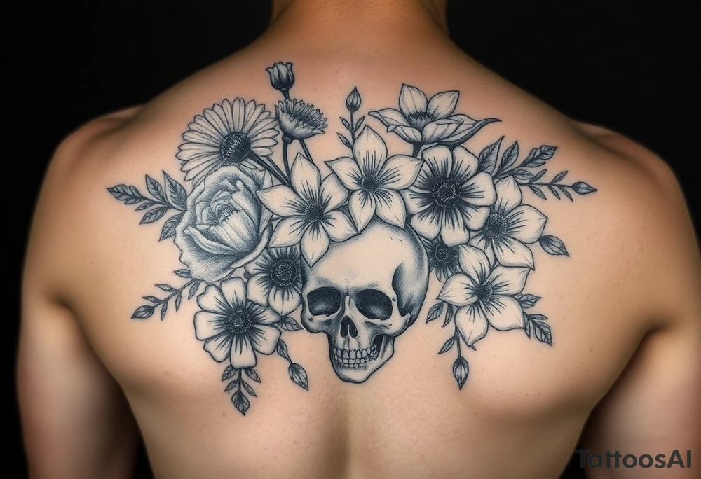 Dark gothic florals with daisies, poppies,  white narcissus, sweet peas and gladiolus with a skull tattoo idea