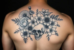 Dark gothic florals with daisies, poppies,  white narcissus, sweet peas and gladiolus with a skull tattoo idea