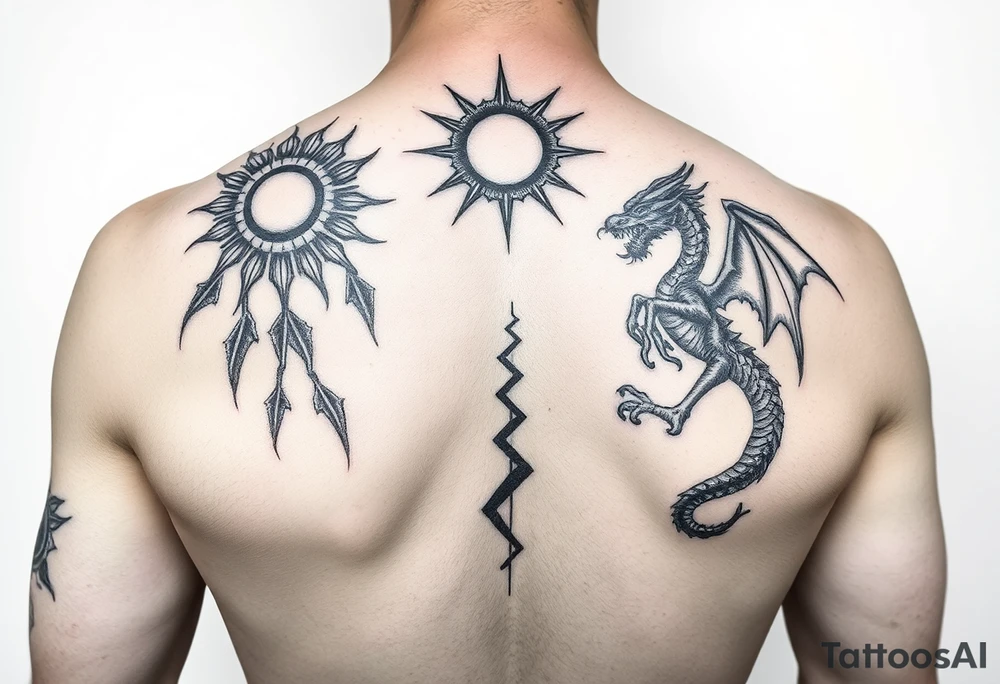 Tattoo on the arm representing rebirth, new energy and paths of possibilities. On the shoulder above there is a sun tattoo, and on the inside wrist a dragon tattoo, keep that in mind tattoo idea
