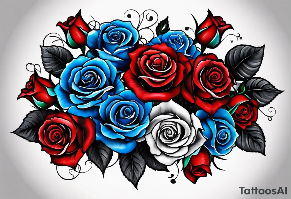 Water fall Colored blue and red roses tattoo idea