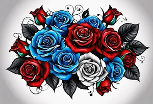 Water fall Colored blue and red roses tattoo idea