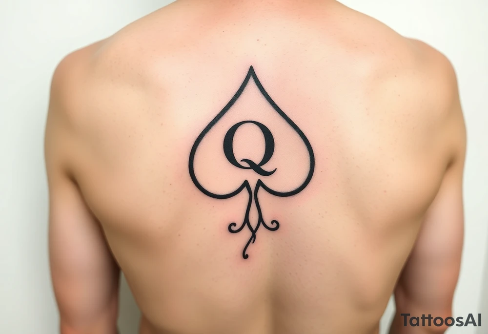 A spade womb tattoo with a Q in the center, with three points around the outside. The first reading, "BLACK". The second reading, "SEED". The third reading, "ONLY". A wiggling tail at the bottom of the spade. tattoo idea