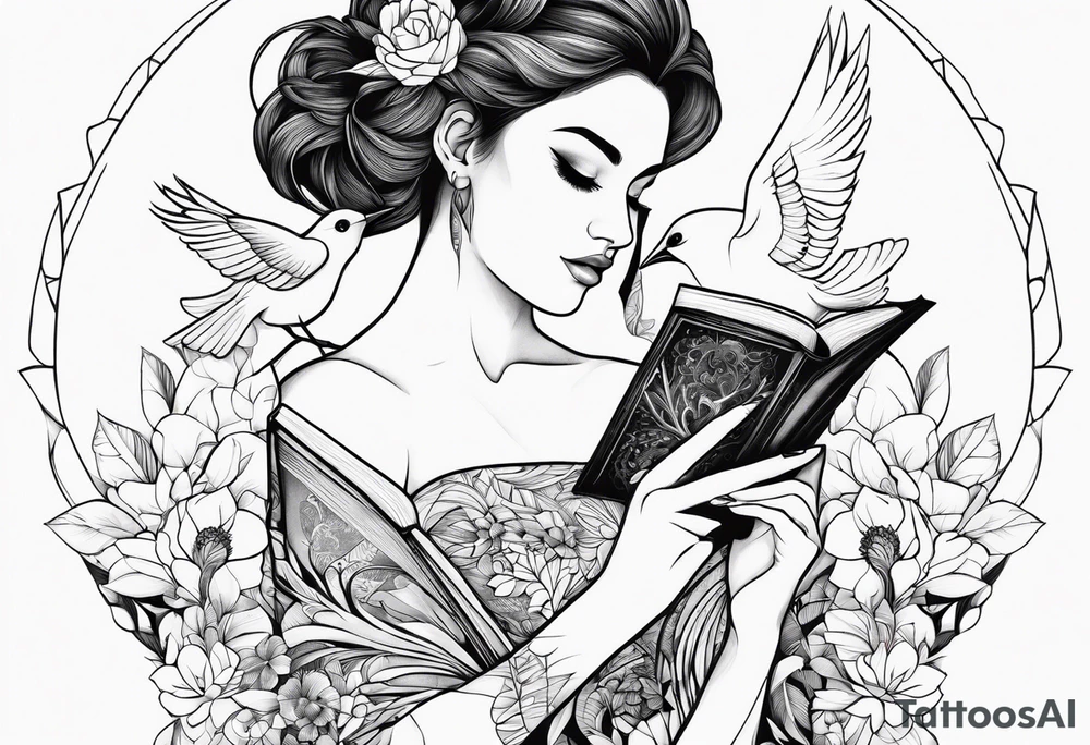 woman holding a book and birds and flowers tattoo idea
