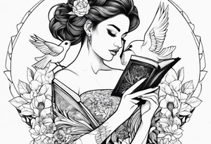 woman holding a book and birds and flowers tattoo idea