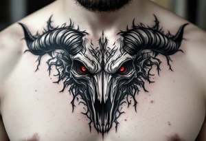 Abstract looking angry taurus skull chest tattoo with red eyes tattoo idea