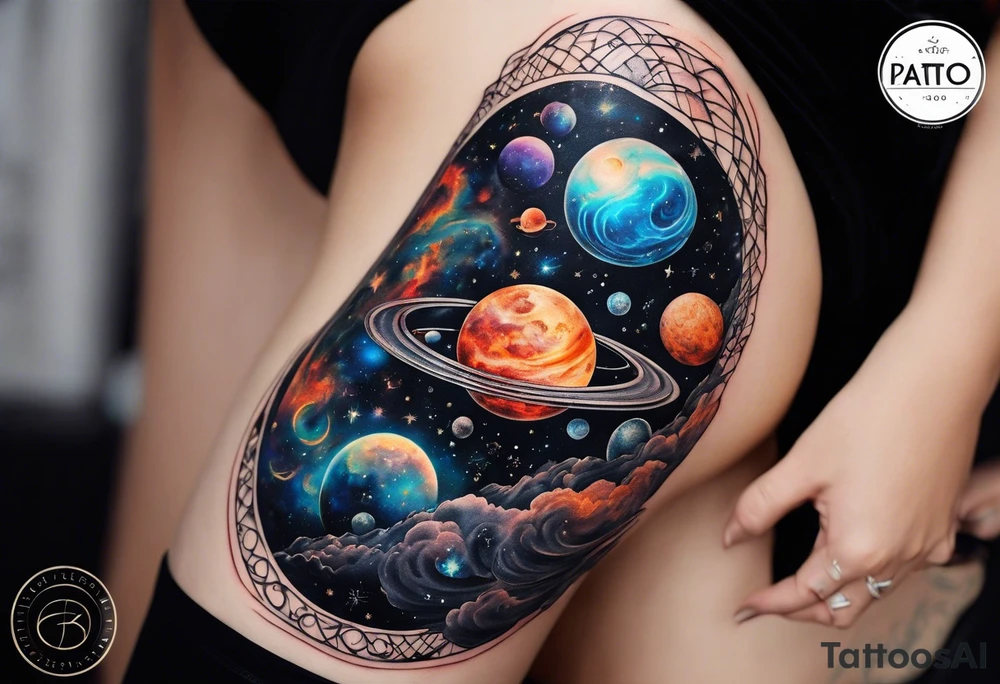 A tattoo featuring a cosmic scene with planets, black holes, and supernovae intertwined with intricate linguistic symbols, reflecting the client's interests in cosmology and linguistics. tattoo idea