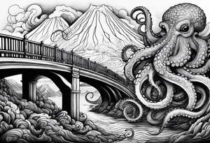 Octopus attacking a bridge with volcano in background tattoo idea