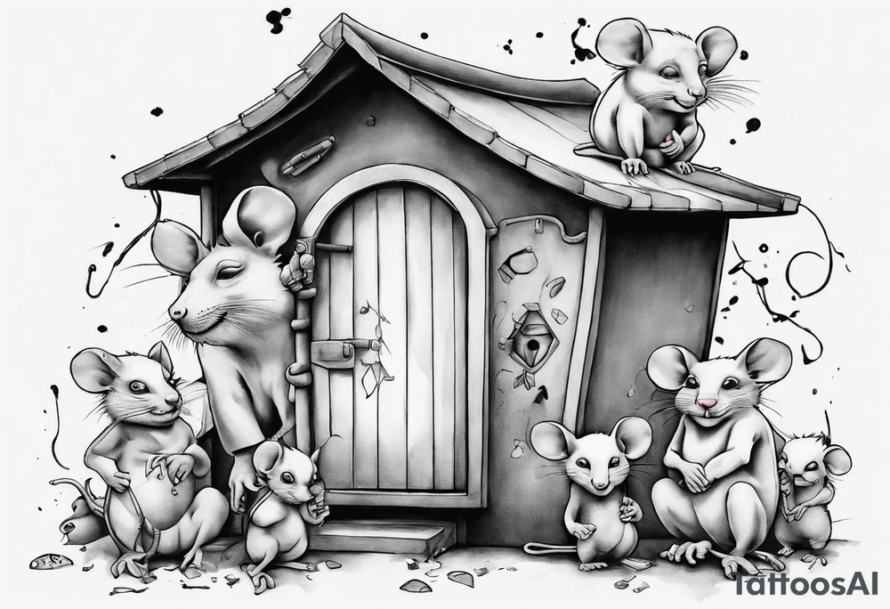 babboon in a playhouse with mice tattoo idea