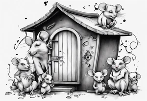 babboon in a playhouse with mice tattoo idea
