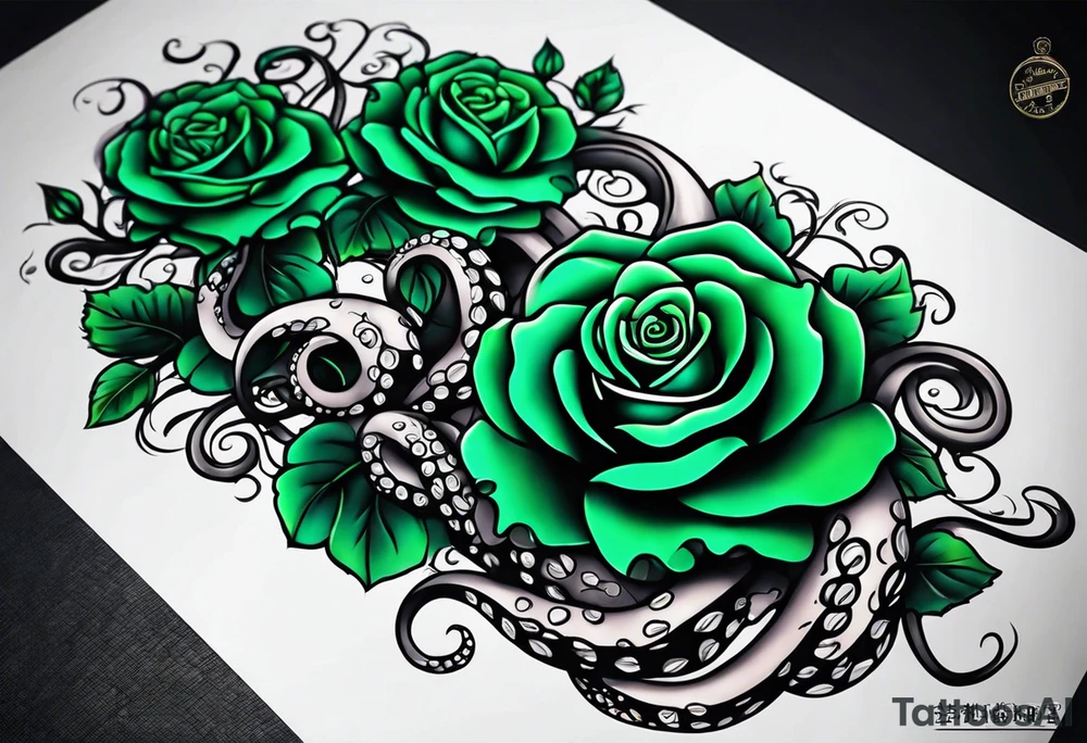 Electric octopus peaceful green roses tattoo idea