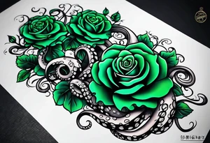 Electric octopus peaceful green roses tattoo idea