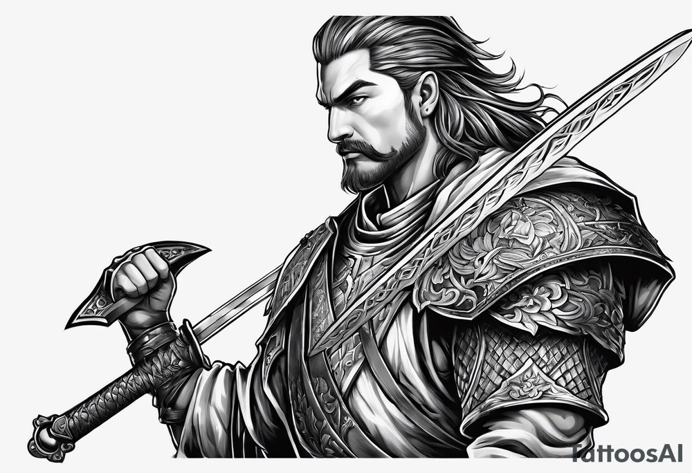 the high part of a knigh, with a sword over his shoulder. Looking sideways tattoo idea